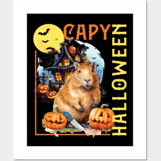 CAPY HALLOWEEN, CAPYBARA, PUMPKINS, BATS & HAUNTED HOUSE Posters and Art